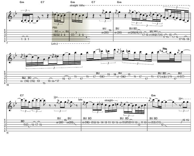 Lick 2: We included this as a 'signature' lick, because Larry has no problem throwing in simple minor pentatonic lines for effect. The main reason for its inclusion, though, is the fast vibrato on the last note - this is very like his playing on Donald Fagen's album, The Nightfly.